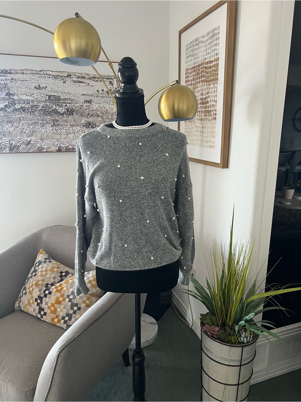 Pearl-Embellished Gray Crewneck Sweater - Women's